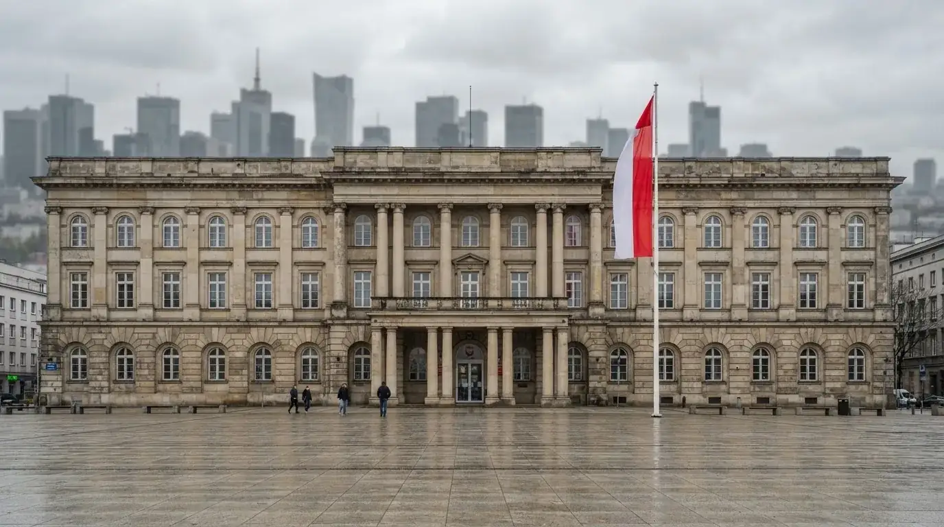 Budynek administracji publicznej z polską flagą przed wejściem, w tle sylwetka miasta