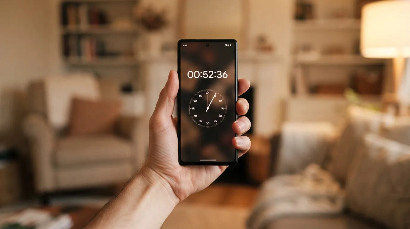 Dłoń trzyma smartfon z prostą ikoną stopera wskazującą niecałą minutę na ekranie